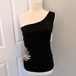 DEADSTOCK Y2K BLACK ONE SHOULDER FLORAL SEQUIN TOP